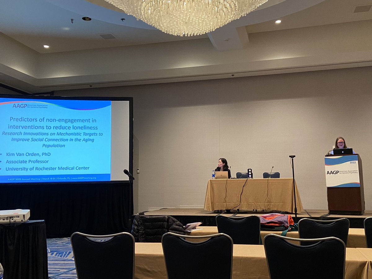 ElderPsychiatry's tweet photo. So proud of @kimvanorden from @urmc_psych ! Largest in-person audience (doesn’t look like it from this angle, but true as we were spread out)that I’ve see #AAGP22 but also large zoom audience! Great session on social connectedness, behavioral activation and Engage! https://t.co/cp2ifwnG30