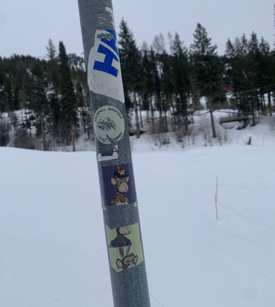 North_Carver's tweet photo. #bayc @BoredApeYC #MAYC I saw this on a chair lift pole in Whitefish, MT a couple days ago https://t.co/eAO9KDCffN