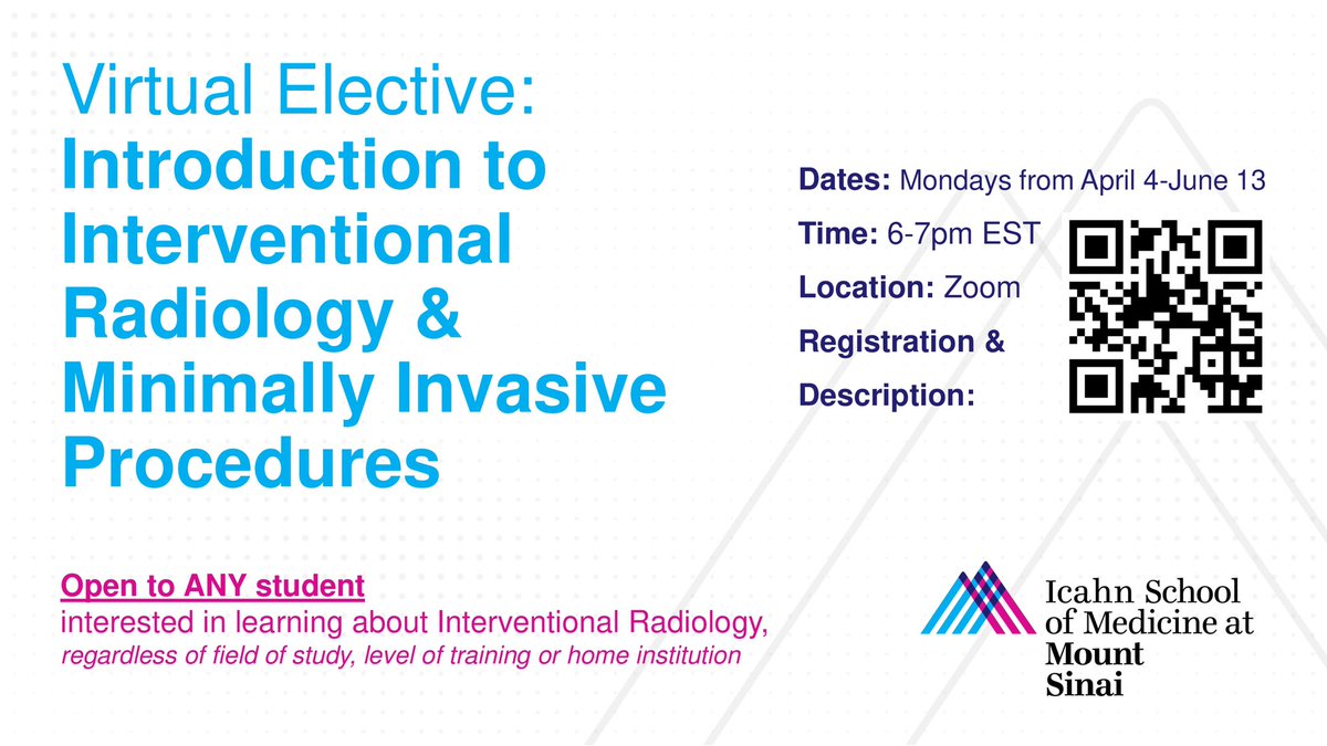 Two weeks until <a href="/MountSinaiIR/">Mount Sinai IR</a> virtual elective. Open to ANY student interested.

Lectures by faculty <a href="/bonesz/">Aaron Fischman MD | Interventional Radiologist</a>  <a href="/vivianbishay/">vivian bishay</a> <a href="/kiremagarciamd/">Kirema Garcia-Reyes, MD</a> <a href="/DieHCCDie/">Ed Kim</a> <a href="/rdeleacymd/">Reade De Leacy MD</a> <a href="/RSP516/">Rahul Patel</a> and more!

Scan the QR code or register at forms.gle/oQaq1prQHe8FEM…

#PreMedTwitter #MedTwitter #IR #IRad