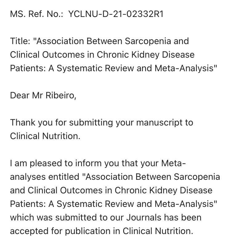 Great news to start the week! 🎉 Happy to have our systematic review about #sarcopenia and clinical outcomes in #CKD accepted at the prestigious Clinical Nutrition from @ESPENorg. Many thanks to @silviagrneri, @JulianaSOlive11, @Pauldialysis, @Viana_JL and @Ricardo47374438