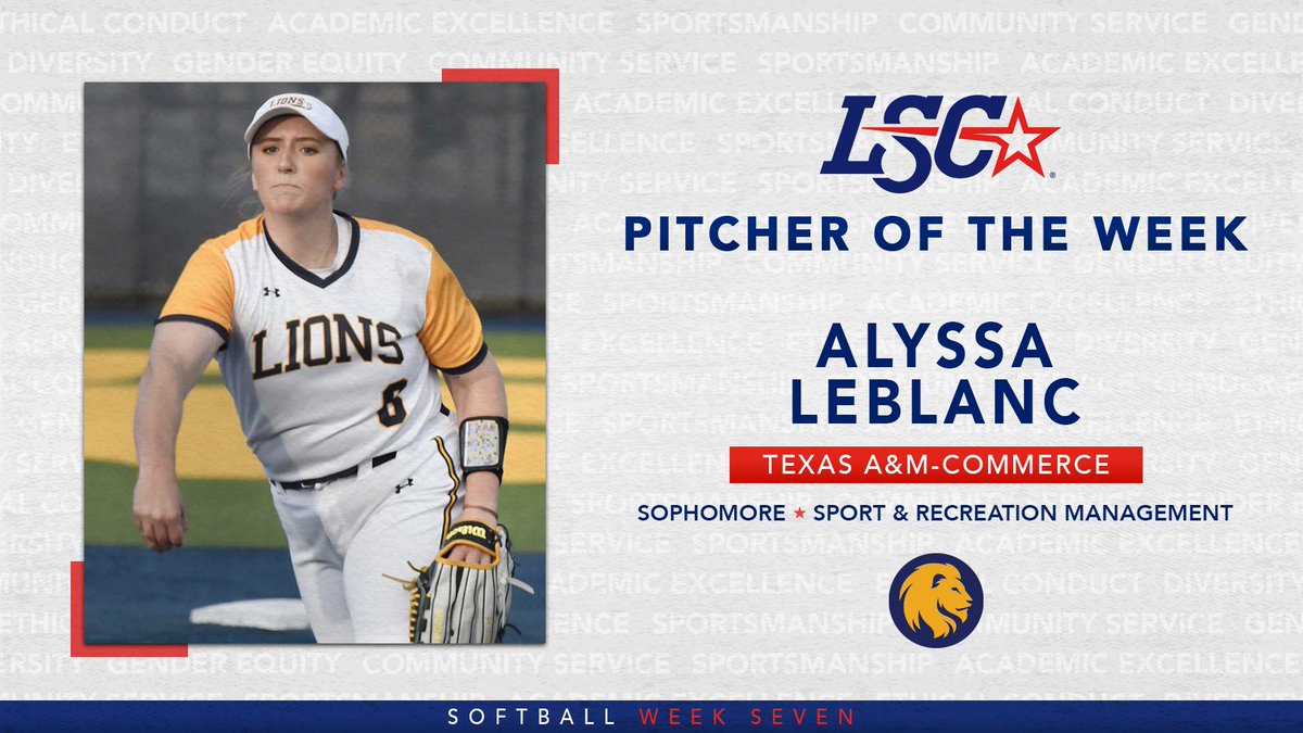 LoneStarConf's tweet photo. #LSCsb Pitcher of the Week: @Lion_Athletics Alyssa LeBlanc

LeBlanc claims her second weekly award 🏅🏅

🔗 https://t.co/fZV7nN9oIq

#D2SB https://t.co/YvM95cNUqL