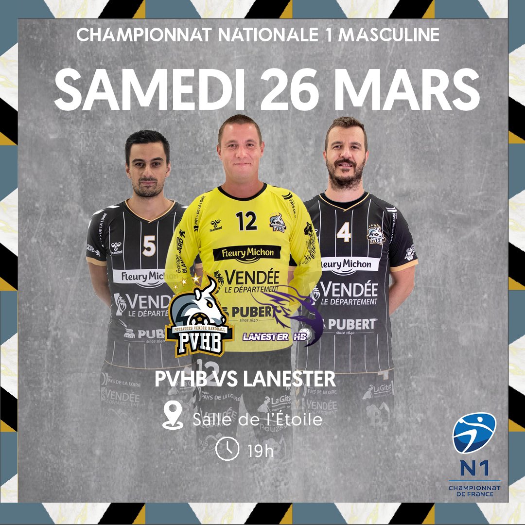 Samedi 26 Mars 📅
🆚 LANESTER 
🕖 19H 
📍 Salle de l’Étoile 

Ouverture des portes à 16h30

Parrains du match : BDO / BPO / VAL DE SEVRE 

Bar et restauration sur place 🍻

Boutique ouverte dès 16h30 🛍