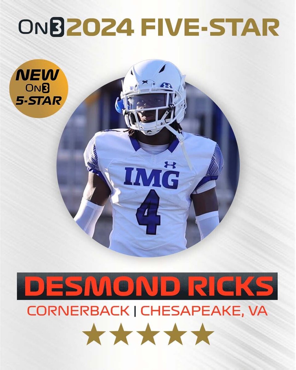 Rivals's tweet photo. 🚨NEW🚨 2024 CB Desmond Ricks ranks No. 2 & five-stars in the initial On300.
Read more HERE: https://t.co/DfAosQTzAh https://t.co/tZvgXPmKL8