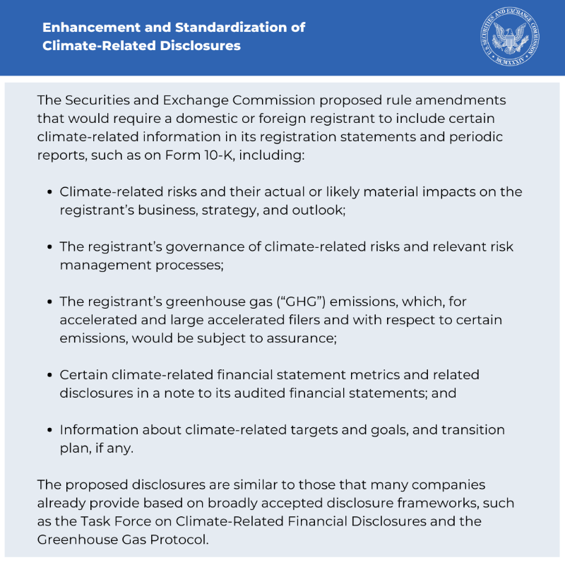 SECGov's tweet photo. The SEC proposed rule changes that would require registrants to include certain climate-related disclosures in their registration statements and periodic reports.