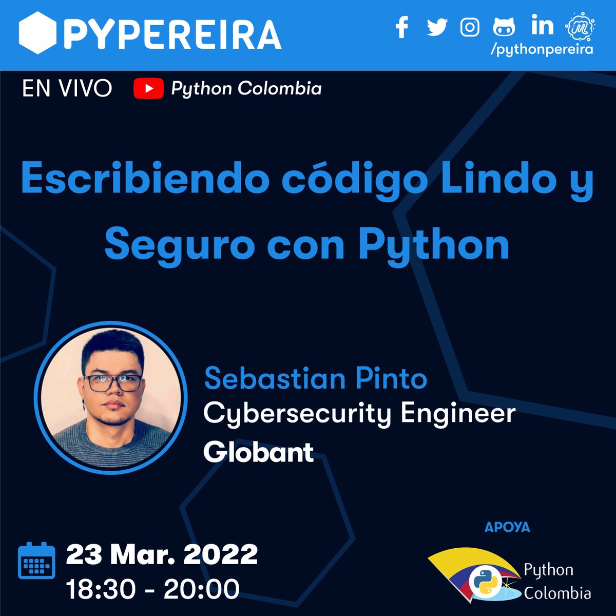 pythonpereira's tweet image. 📣 Queremos invitarlos a nuestro meetup virtual de Marzo, en esta ocasión contaremos con una interesante charla 🐍💻:
👉 Escribiendo código lindo y seguro con Python por Sebastian Pinto - Cybersecurity Engineer at Globant
🚩 Inscripciones: meetup.com/es/pythonperei…