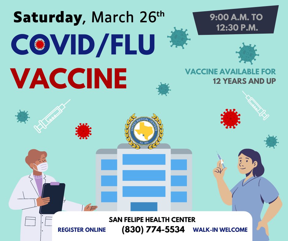 umchealth's tweet photo. UMC Del Rio is having Covid Vaccine and Flu Vaccine Clinic. Saturday, March 26th | 9:00 a.m. to 12:30 p.m. at the San Felipe Health Center. Walk-in welcome. Register online to secure your spot:
New Patients: https://t.co/guL59tSNcS
Patients: https://t.co/4sm4OSqGGQ https://t.co/fcDpeXuMwJ