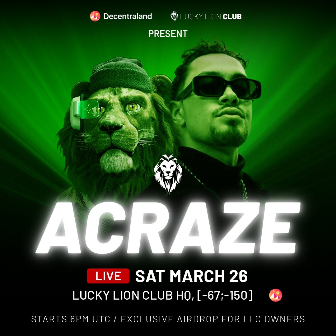 🔥Party with the Lions on March 26🔥

<a href="/Acraze___/">ACRAZE</a> is our SPECIAL GUEST for our first launch party this Saturday! 🎉🥳

We’re celebrating the party in #Decentraland on March 26th at 6 PM (UTC) 🎊

Get ready for an AMAZING virtual experience  🚀

RAWRR 🦁