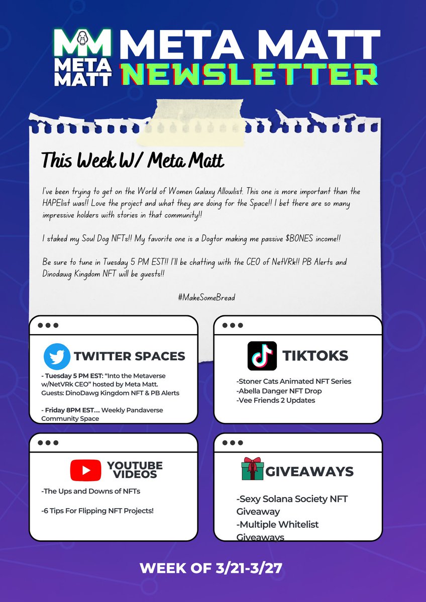 MetaMattTrades's tweet photo. See what’s going on this week!! #NFTCommunity #nftcollector #NFTs https://t.co/PZRRwwmS28
