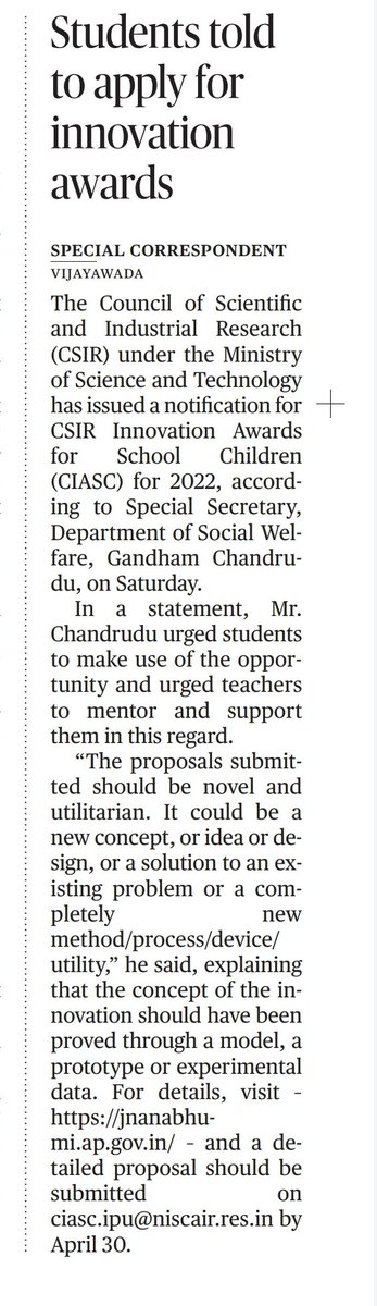 _Gurukulams's tweet photo. Develop Novel and Utilitarian Innovations for CSIR Awards says @ChandruduIAS

Let's help reach this to aspired students for participating in #CSIR #Innovation #awards for school children (CIASC) for the year 2022
@ysjagan 
@AndhraPradeshCM 
@PMOIndia 
@MSJEGOI 
@IASassociation https://t.co/Vc5iYkYu4K