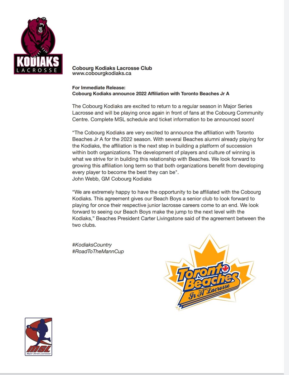We're very excited to announce our <a href="/OntarioLacrosse/">Ontario Lacrosse</a> affiliation with <a href="/BeachesJrA/">Toronto Beaches</a> #KodiaksCountry #RoadToTheMannCup <a href="/TheOJLL/">The OJLL</a> <a href="/MajorSeriesLax/">Major Series Lacrosse</a>