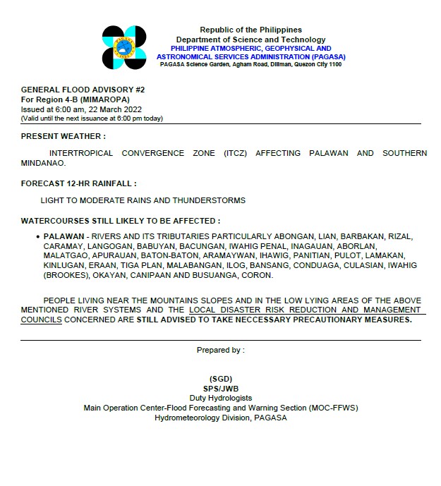 dost_pagasa's tweet photo. General Flood Advisories (GFAs) 
Issued @ 6AM, 22 March 2022
Region 4B (MIMAROPA) -#GFA2
Region 9 (Zamboanga Peninsula) - #GFA4
Region 11(Davao Region) - #GFA3 Final
Region 12 (SOCCSKSARGEN) - #GFA4 Final https://t.co/gsFkzl1xJ1