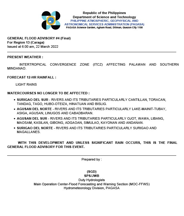 dost_pagasa's tweet photo. General Flood Advisories (GFAs) 
Issued @ 6AM, 22 March 2022
Region 13 (Caraga ) - #GFA4 Final
BARMM - #GFA4 Final https://t.co/vKLczAAcl5