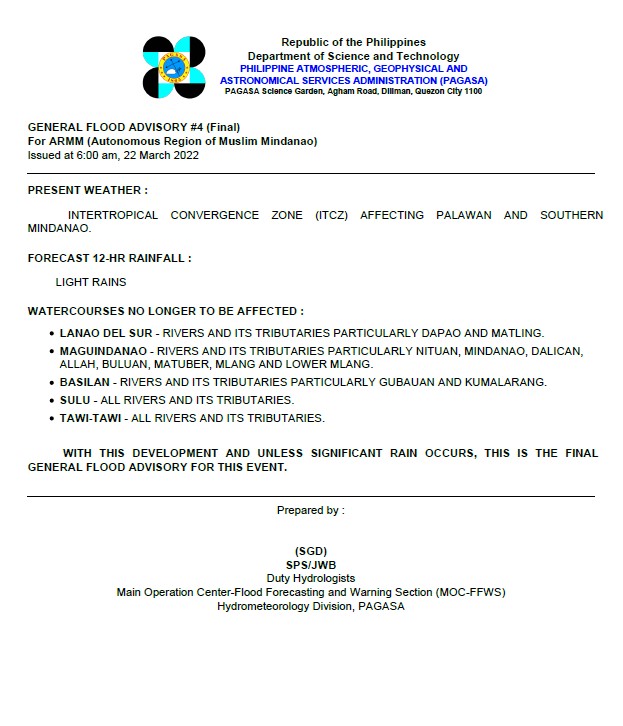 dost_pagasa's tweet photo. General Flood Advisories (GFAs) 
Issued @ 6AM, 22 March 2022
Region 13 (Caraga ) - #GFA4 Final
BARMM - #GFA4 Final https://t.co/vKLczAAcl5