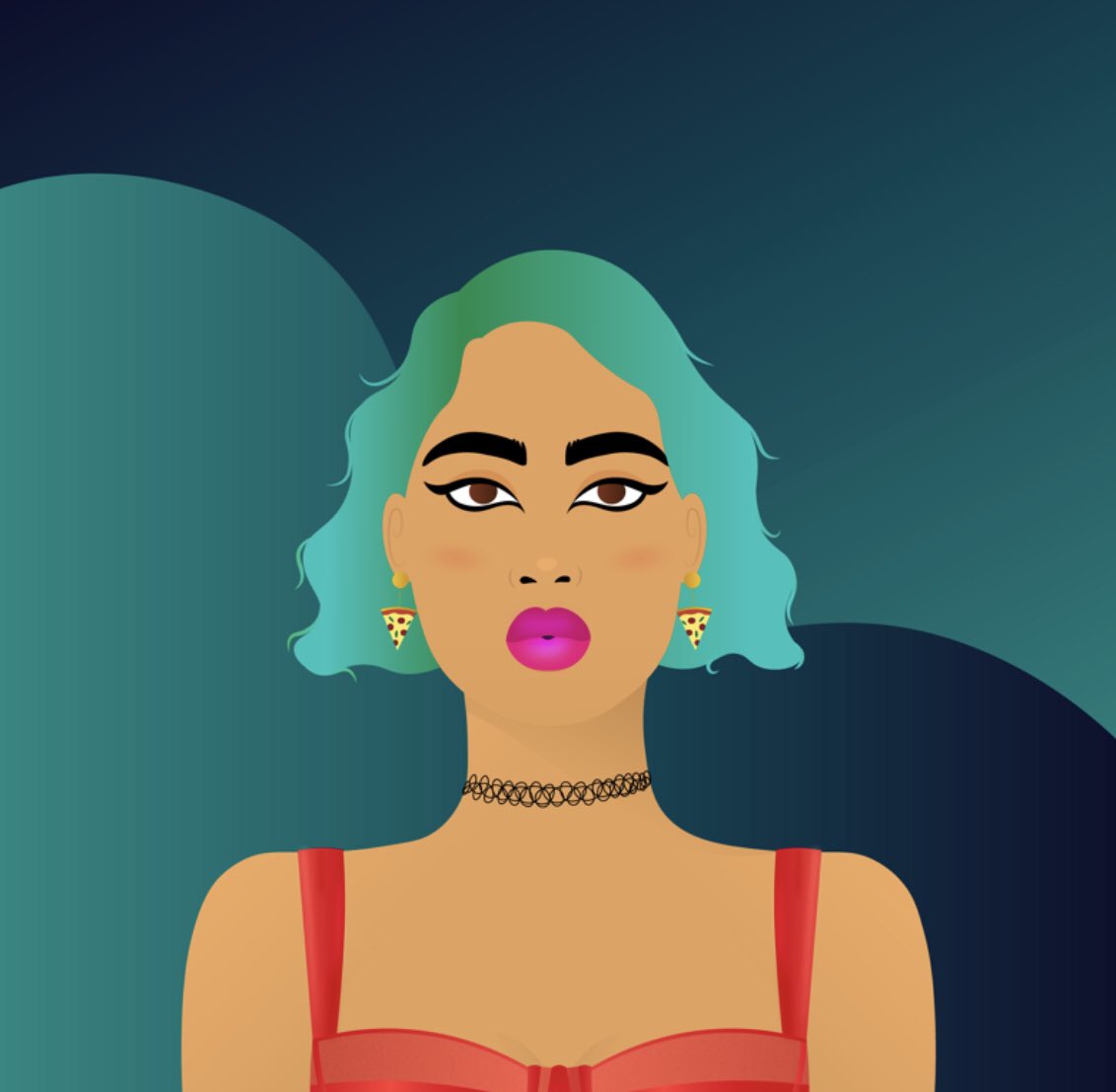 denftlynot's tweet photo. @moonpay @worldofwomennft Teal bob and pizza earrings because joins classy af and crazy which is a true vibe https://t.co/BgiZDV3XiN