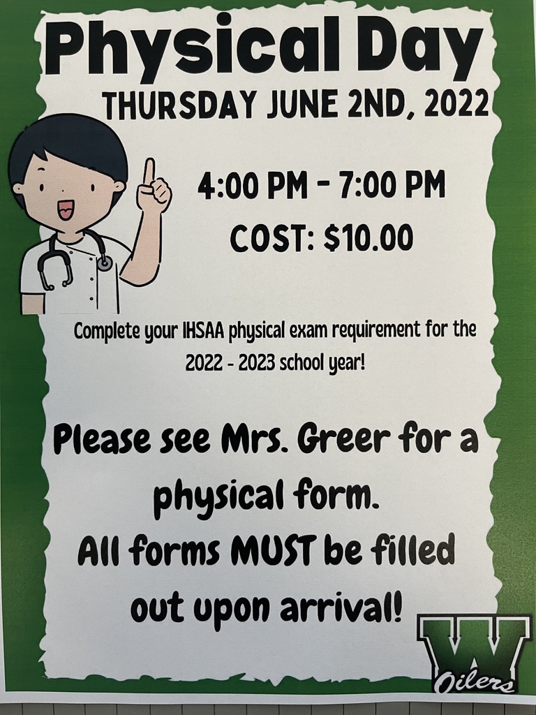 WMSOilers's tweet photo. Attention parents/athletes! Physicals for the 2022-2023 school year can be obtained on June 2 for $10. Physical forms can be found in the MS office as well as the athletic office. https://t.co/kthWJIG1kU