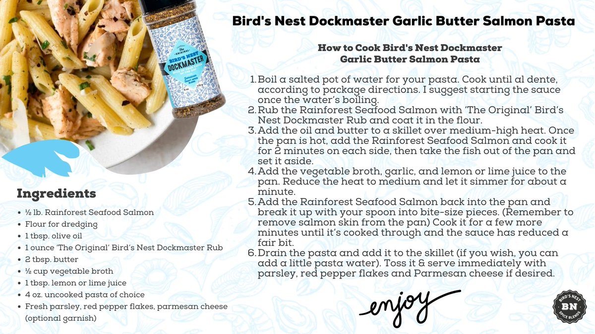 birdsnestja's tweet image. A buttery delicacy, this flavorful dish is sure to ignite the tastebuds! Try the new Dockmaster Garlic Butter Salmon Pasta recipe here!  #Dockmaster #Salmon #BirdsNestRecipes
