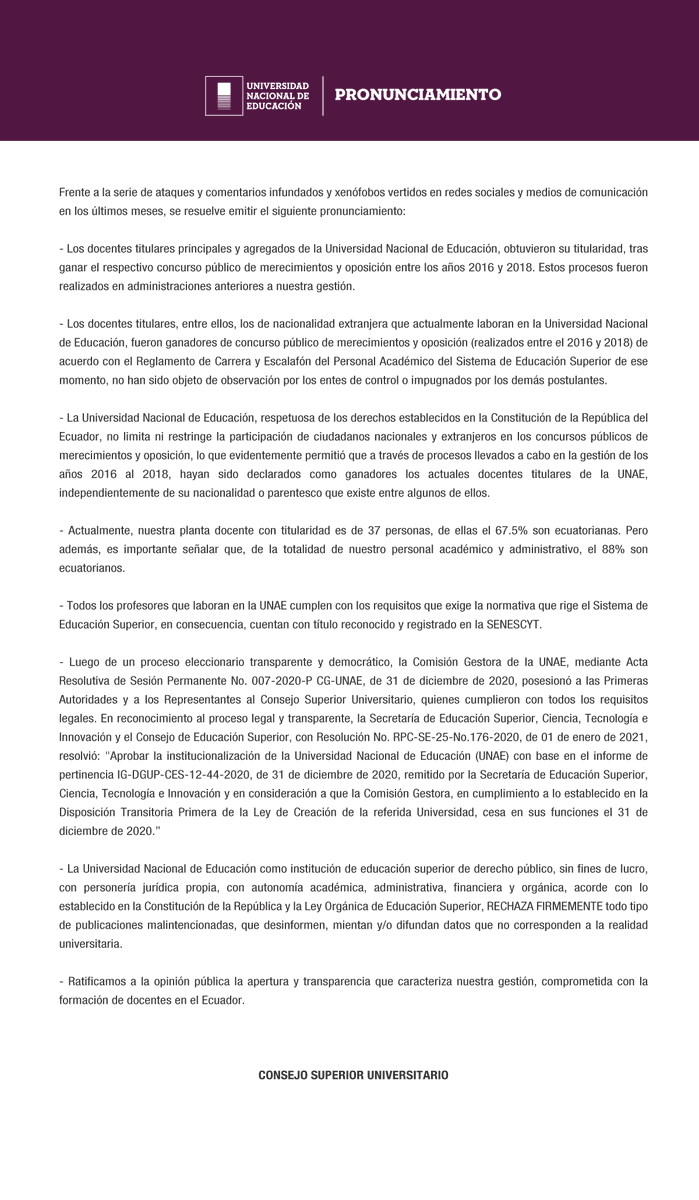 UNAEcuador's tweet photo. #PRONUNCIAMIENTO
De acuerdo a la RESOLUCIÓN-SE-009-No.-014-2022-CSU emitida en sesión extraordinaria del Consejo Superior Universitario de la UNAE este lunes 21 de marzo de 2022, damos a conocer el siguiente pronunciamiento: https://t.co/KkhatVPUkH