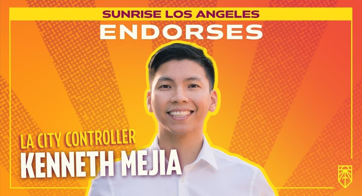 SunriseMvmtLA's tweet photo. We are thrilled to endorse @kennethmejiala for Los Angeles City Controller. 

Kenneth has been on the front lines of fighting for #climatejustice for years, and we’re so excited for everything he will accomplish as #LAController. https://t.co/PZbosmkfkm