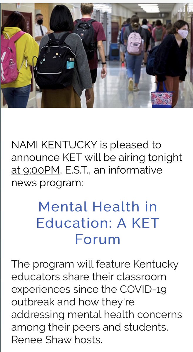 BG_NAMI's tweet photo. KET will be airing a forum about mental health in students tonight at 8:00 pm CST. #mentalhealthmattersinstudents https://t.co/CKX6HOpWLz