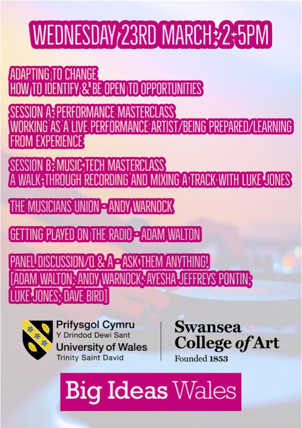 Creative Music Technology at UWTSD (@cuwtsd) on Twitter photo We’re excited to be hosting a Music Business Start-up Bootcamp with Big Ideas Wales over the next couple of days.
There’s an exciting line up of professionals covering a range of topics.
DM for the Zoom invite.
<a href="/UWTSD/">University of Wales Trinity Saint David</a> <a href="/ArtSwansea/">Swansea College of Art UWTSD</a> We’re excited to be hosting a Music Business Start-up Bootcamp with Big Ideas Wales over the next couple of days.
There’s an exciting line up of professionals covering a range of topics.
DM for the Zoom invite.
<a href="/UWTSD/">University of Wales Trinity Saint David</a> <a href="/ArtSwansea/">Swansea College of Art UWTSD</a>