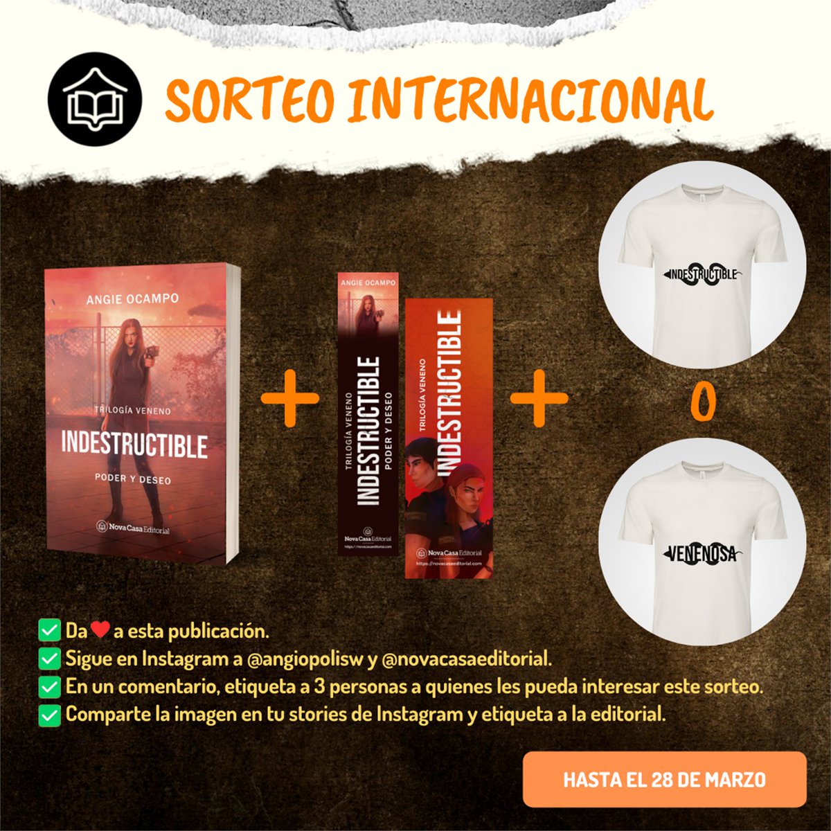 NovaCasaEditors's tweet photo. [SORTEO INTERNACIONAL]  

¿Quieres llevarte un ejemplar en papel de INDESTRUCTIBLE de Angie Ocampo (@angiopolis) junto con una camiseta oficial de la historia?
 
¡En nuestro Instagram te explicamos cómo >> 
https://t.co/Ckd31fItAC
¡Buena #suerte! 🍀 https://t.co/r3iNOvxCTs