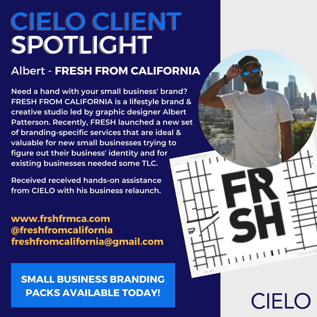 CIELO Client Spotlight: Albert Patterson is the owner of FRESH FROM CALIFORNIA, a graphic design studio offering packaged branding services to small business owners. 

Bring your small business brand to life with the freshest designs and solutions. frshfrmca.com/small-business…