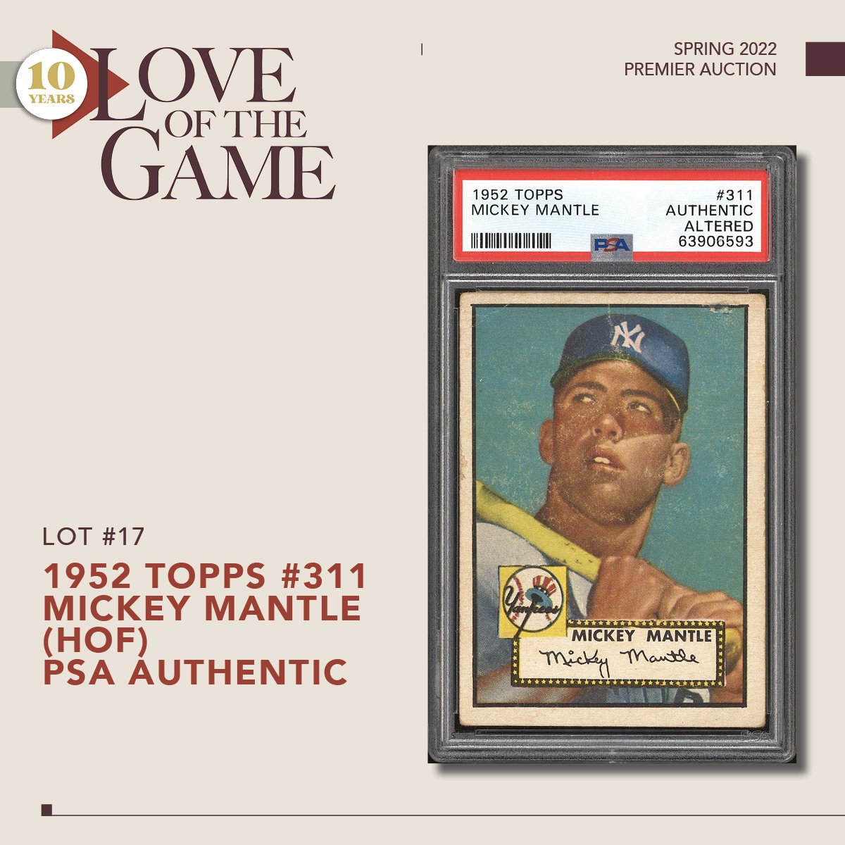 Collector-grade example of a hobby holy grail, up for auction at LOTGAuctions.com.  Bid today!  #TheHobby #52Mantle #HolyGrail #VintageTopps #GreatCards #LOTGAuctions