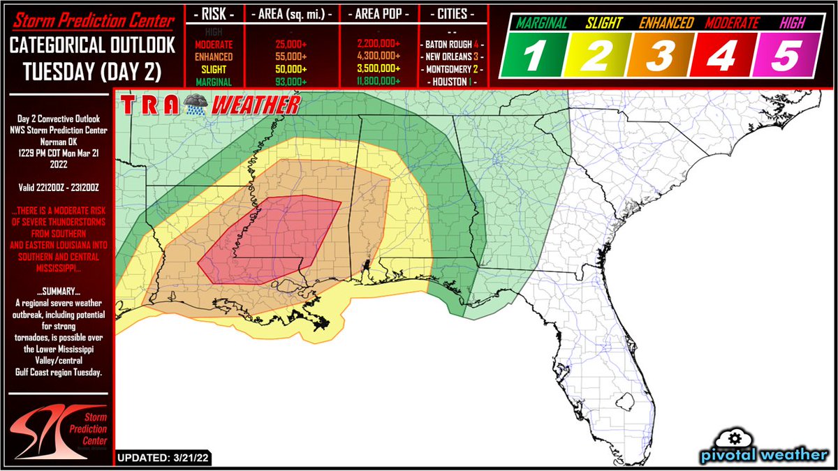TraWeather's tweet photo. Looks like severe #weather has arrived just in time for spring! The @NWSSPC has issued a level 4/5 risk for millions of people in the south for both tonight and Tuesday. Since the severe threat is so high, I will have a video coming out later this evening! #TraWeather https://t.co/mLR11uBbjM