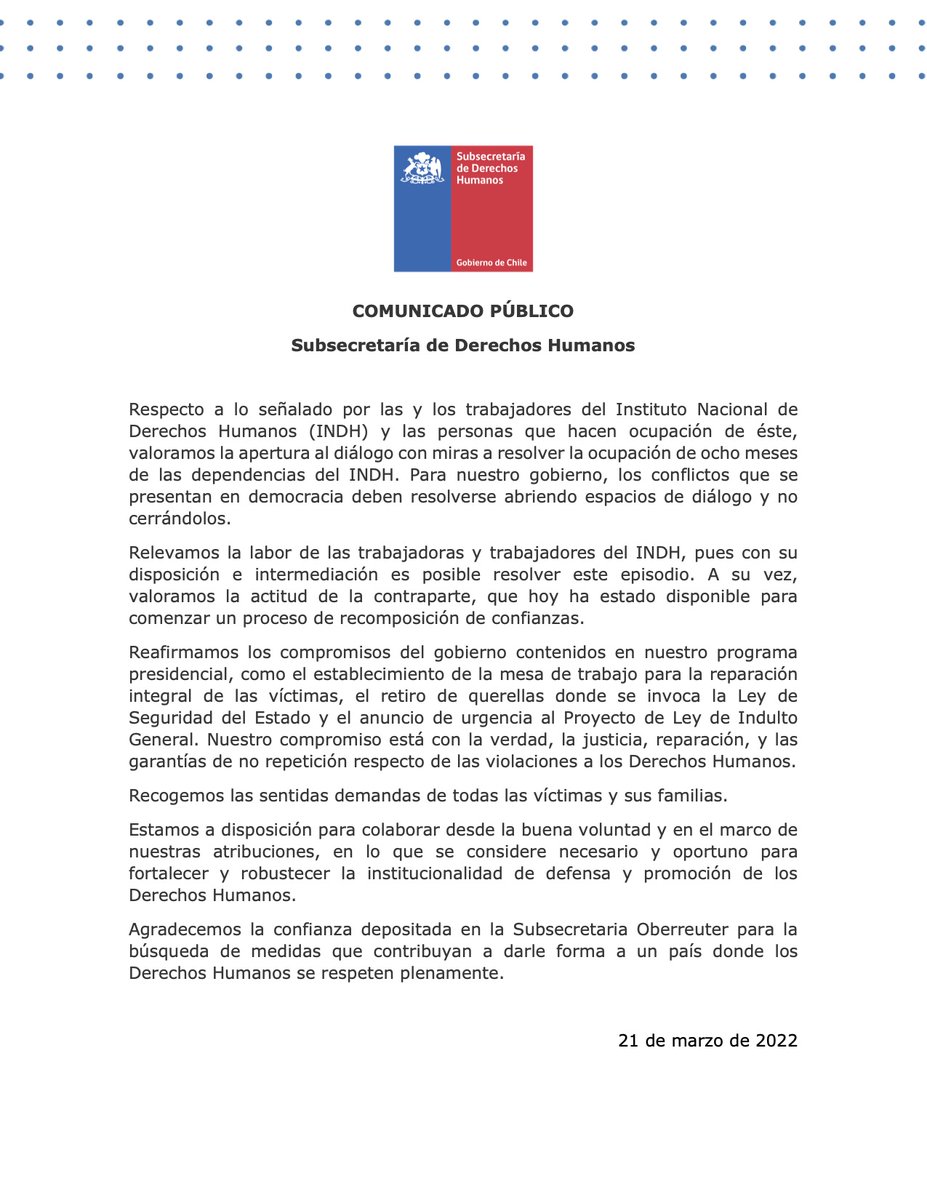Respecto a lo señalado por las y los trabajadores del <a href="/inddhh/">INDH Chile</a> y las personas que hacen ocupación de éste, desde la <a href="/SubseDDHH/">Subsecretaría de Derechos Humanos</a> comunicamos lo siguiente➡️