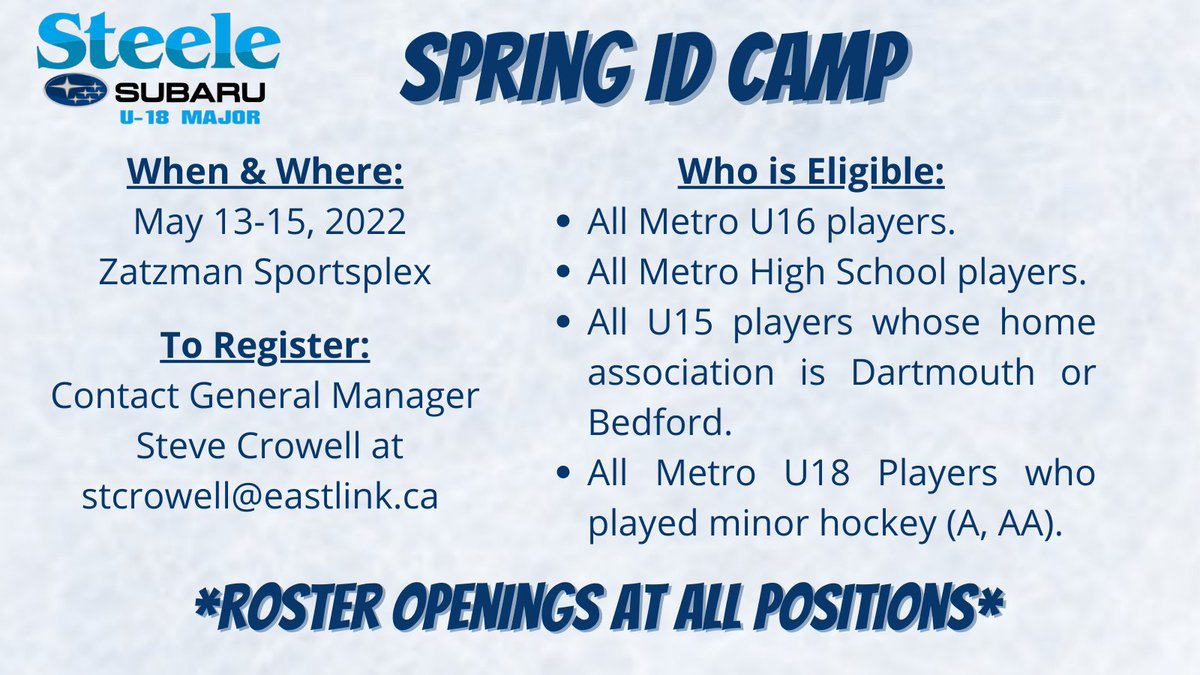 SteeleSubaruHky's tweet photo. Registration is now open for the 2022 Steele Subaru U18 Major Hockey Club Spring ID Camp.
Please contact GM Steve Crowell to register.
We have lots of open roster spots, with many players aging out.
More Info👇 https://t.co/yowefuUm9e