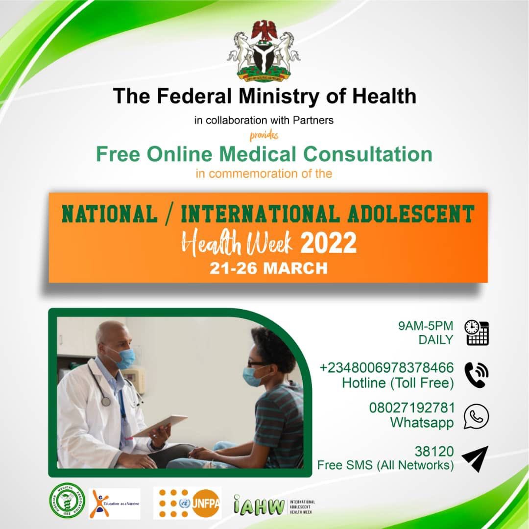 Happy International Adolescent Health Week In commemoration of the #IAHW2022 MyQuestion Service (EVA) in collaboration with the @nmanigeria and with the support of @Fmohnigeria will be offering free online medical consultation.