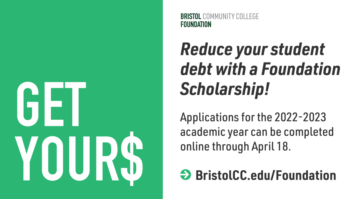 BristolCC's tweet photo. There's still time to apply for a Bristol Foundation Scholarship before the 4/18 deadline! There are two "Writing Successful Scholarship Essay" workshops coming up this week on 3/24 &amp; 3/25! Be sure to check them out on the event calendar. 
Apply today: https://t.co/2xro1CPYV8 https://t.co/0yczrFgqCH