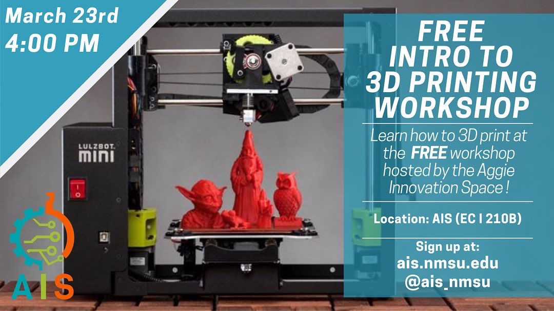 ais_nmsu's tweet photo. Here are the workshops happening this week! Stop by to learn some new skills and for the chance to win an AIS T-Shirt! Sign up at the link in our bio. 

All workshops are free and open to anyone who wants to attend. https://t.co/ADjrRPsAVw
