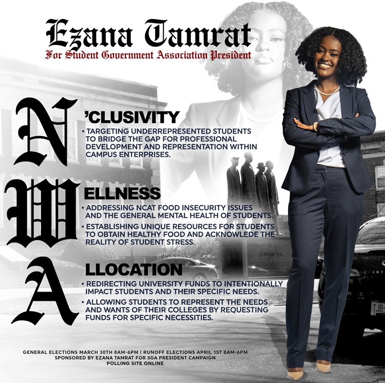 My platform consists of N’clusivity for the unseen, Wellness to replenish our students and Allocation to give the students what’s already ours.
Want to learn more? Visit the website linked in my bio! 

EAZY CHOICE!🎤
#ncat #ncat22 #ncat23 #ncat24 #ncat25 #EAZYE #NWA #ET4PREZ