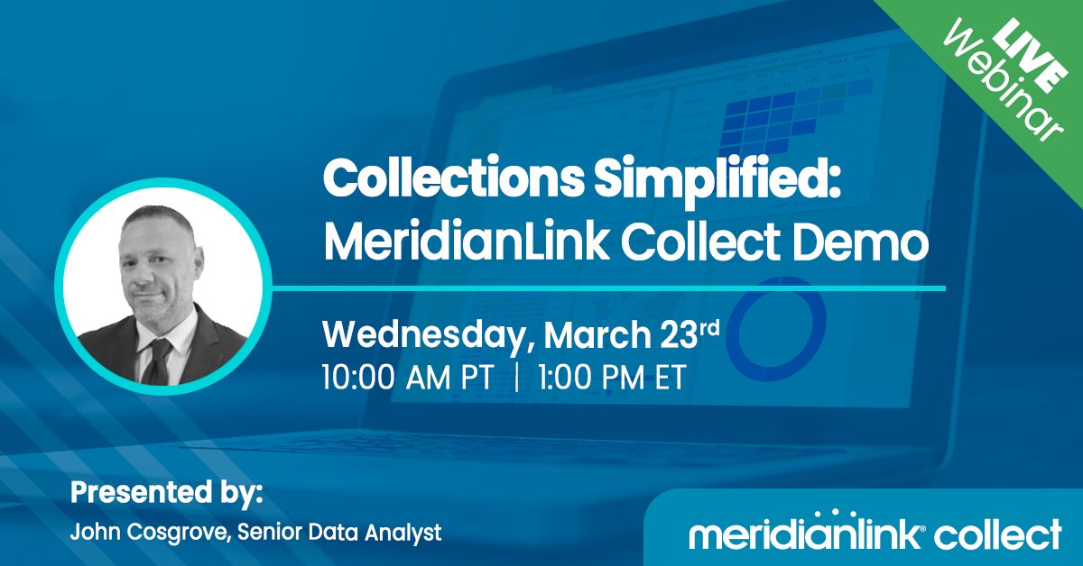 meridianlink's tweet photo. Collections don't have to be hard. Join us for a #demo of #MeridianLinkCollect on Wednesday, March 23 at 10:00 a.m. PT / 1:00 p.m. ET to learn more. https://t.co/m2VIGc154y #Collections https://t.co/mDUQRYaUAx