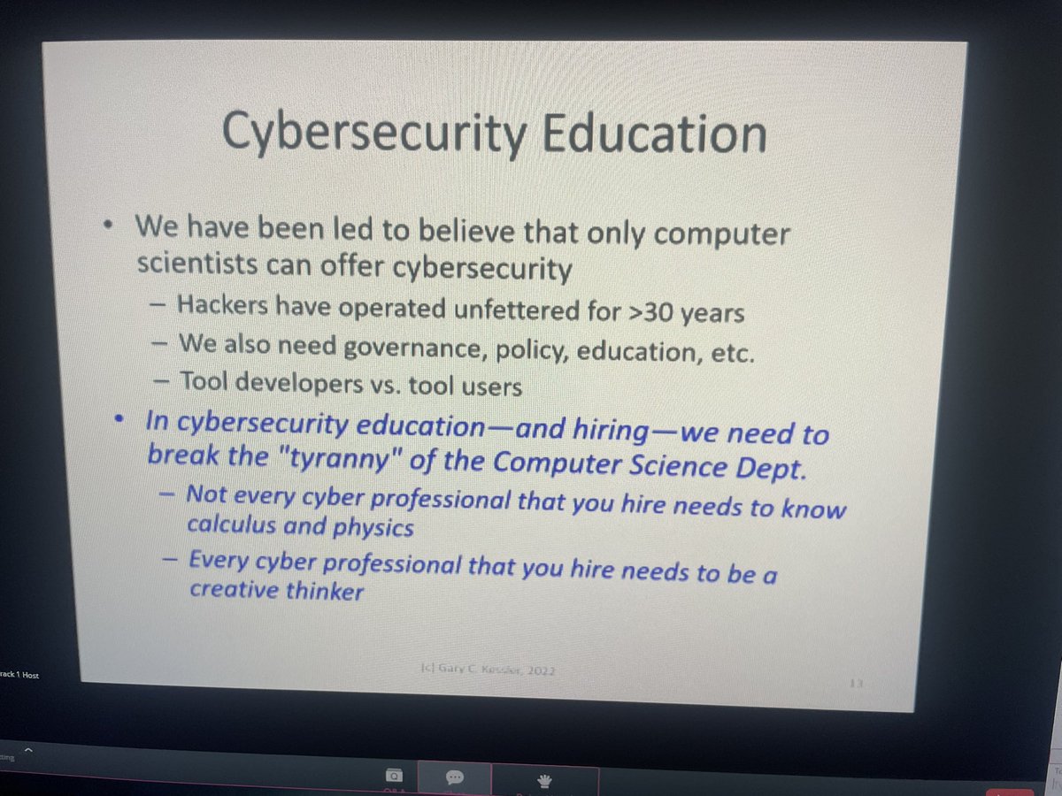 ScorpVayne's tweet photo. “know your vulnerabilities and dont worry so much ahout your threats..”
..’not every Cybersecurity professional needs to be an expert in physics, I need people who think like the bad guys..’ -Gary Kessler what a FANTASTIC presentation
YUP! Be bad 😎 🔥 #HTP22 #cybersecurity https://t.co/Ue7q7BvCCO