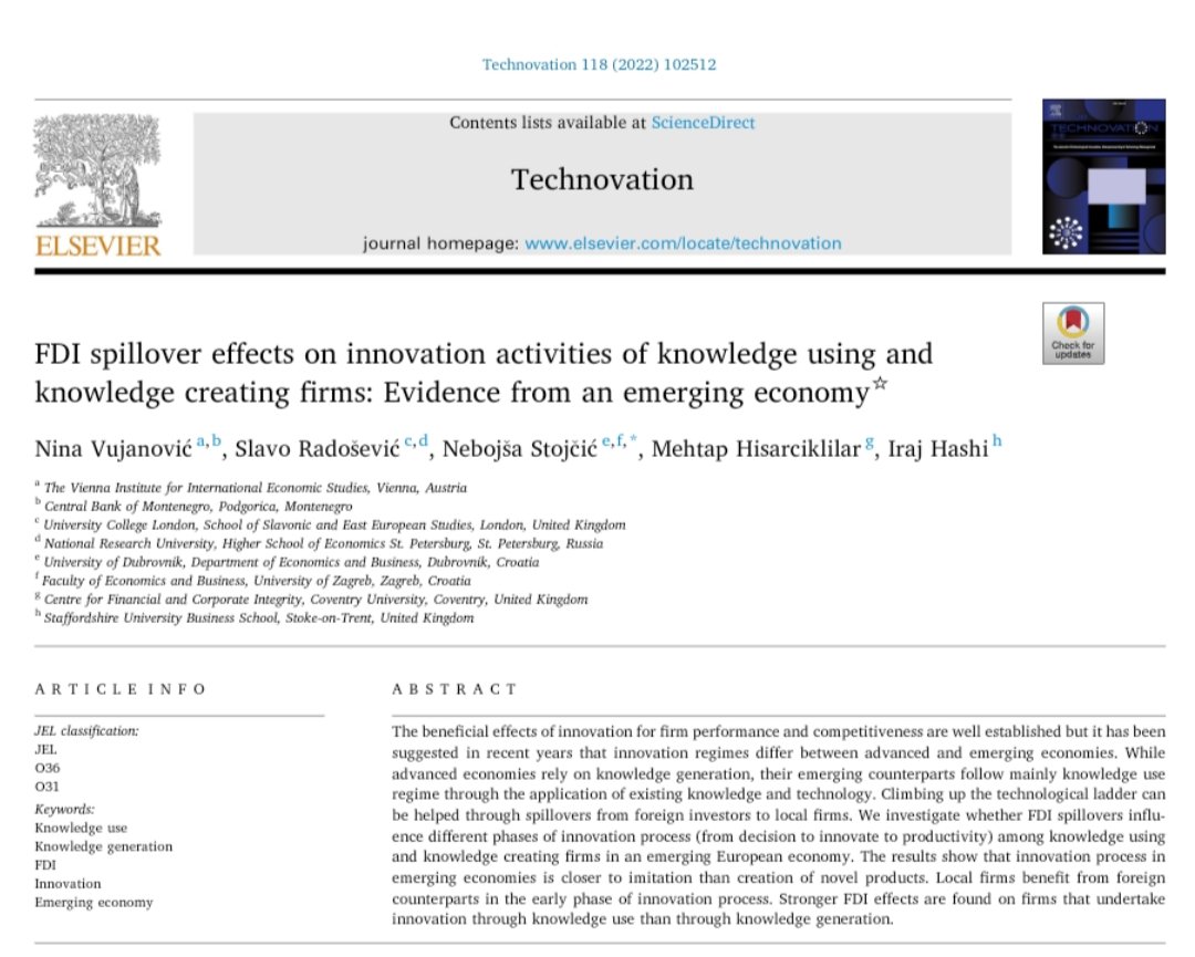 nina_vujanovic's tweet photo. Our paper on the effects of #FDI spillovers on #innovative activities of two types of innovators is now published in #technovation!

Firms that innovate via purchase of machinery/know-how etc. learn more from foreign firms than firms that conduct #R&amp;D. However, not sufficiently! https://t.co/Kl3loE44LE