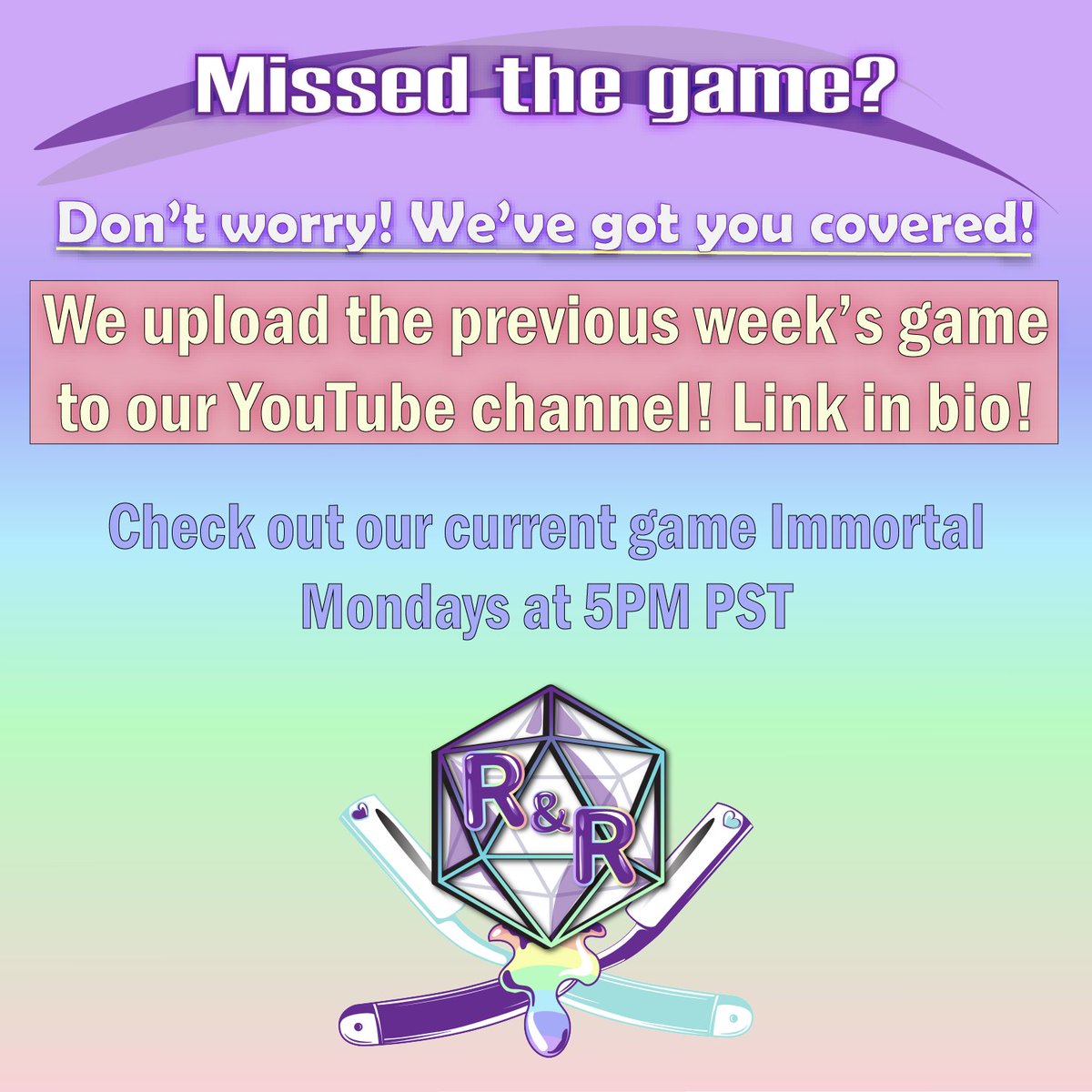 RandRProduction's tweet photo. If you missed the game - check out our YouTube channel to catch up before the next session of Immortal on Monday at 5PM PST!
https://t.co/FVSt8yUA2H
#TTRPGs #twitchstreamer #roleplayer #twitch #twitchrpgs #tabletopgaming #youtube #youtubegaming #youtuberpg https://t.co/zjukBGWe71