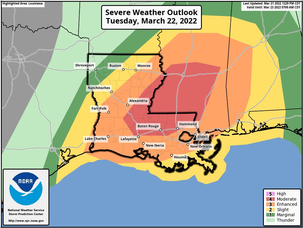 No significant changes in the updated severe weather outlook for Tuesday. Level 4/5 (moderate) risk of severe weather remains in place from near Lafayette through Baton Rouge to Hammond and northward. Main threat time is Tuesday afternoon. #LAwx