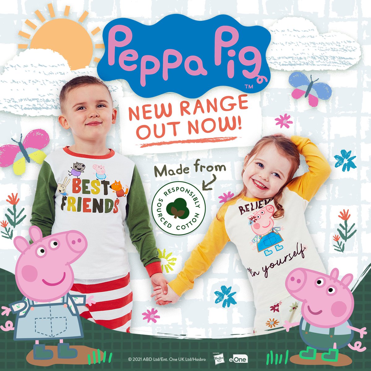 Get ready to #PlantWithPeppa!😍
Our brand new Peppa Pig range  is made of sustainably sourced cotton and comes with FREE plantable swing tickets.
Get them ready to grow with Peppa!

Shop our Peppa Pig Sustainable range now 👉 bit.ly/3wnRq4S
