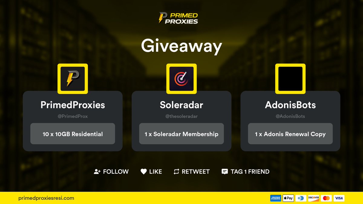 PrimedProx's tweet image. To celebrate our new and affordable Residential pricing, we’ve partnered with 2 great companies for a giveaway! 🍀 

🎁 Prizes 🎁 
- 10 x 10 GB @PrimedProx Residentials
- 1 x @thesoleradar Renewal Membership 
- 1 x @AdonisBots Renewal Copy

Follow instructions below &amp;amp; good luck!