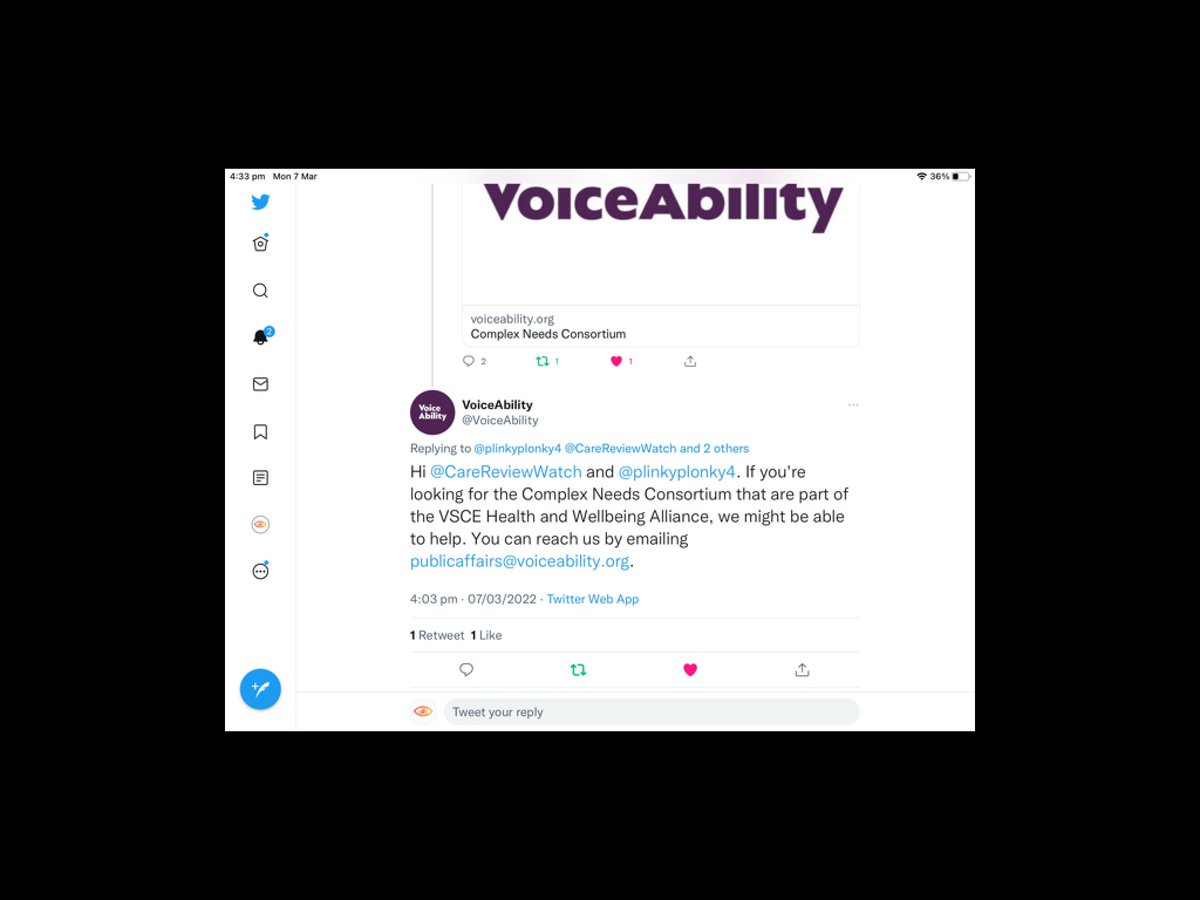 CareReviewWatch's tweet photo. Good evening @VoiceAbility . You very kindly responded to a tweet enquiry about Complex Needs Coalition for our https://t.co/RutgEMLWTS and we emailed you on 7th March 2022 Did you have any joy ? Wishing you a good evening https://t.co/dJPKqK7war