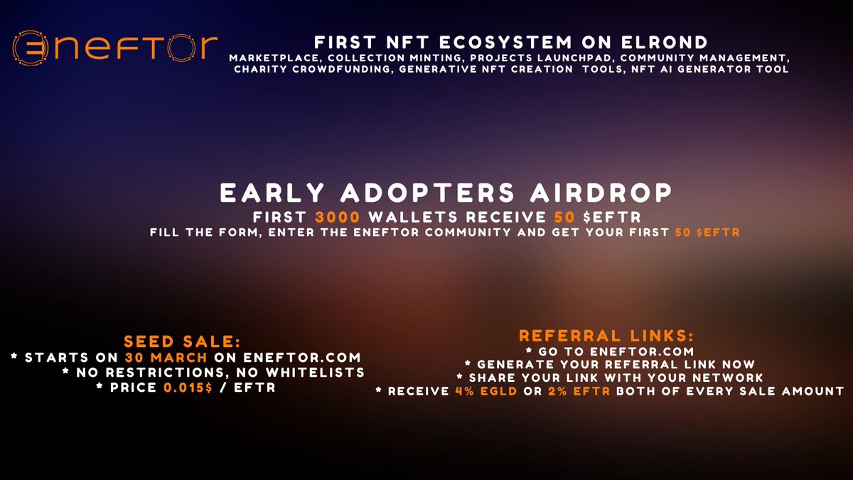 1/ 🪂 Airdrop 50 $EFTR to the first 3000 
⚡️To celebrate our token branding &amp; 2000 followers, we are doing our first AIRDROP.
Rules:
1 Follow @EneftorElrond &amp; RT
2 Join our discord: discord.gg/hWpa3xGbQF  
3 Fill the form: forms.gle/j9y9VAnein9gvh…

#ElrondAirdrop #ElrondNetwork