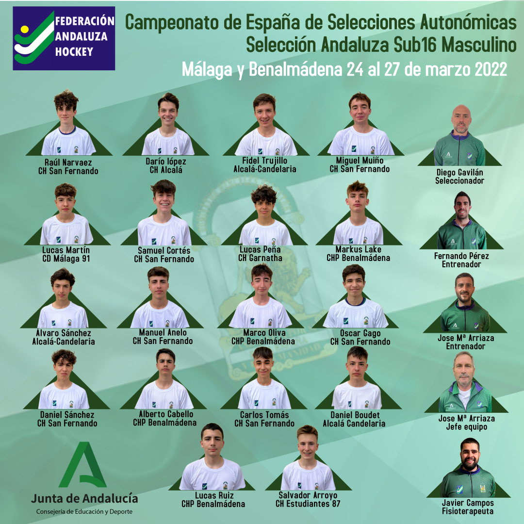 🟩⬜🟩 Convocatoria Selección Andaluza Sub16 Masculino que participarán del 24 al 27 de marzo en el Campeonato de España de Selecciones Autonómicas en Málaga y Benalmádena🟩⬜🟩

#hockeyandalucia
<a href="/DeporteAND/">Andalucía es Deporte</a> <a href="/EducaAnd/">Consejería Desarrollo Educativo y FP</a> <a href="/rfe_hockey/">Hockey España</a>