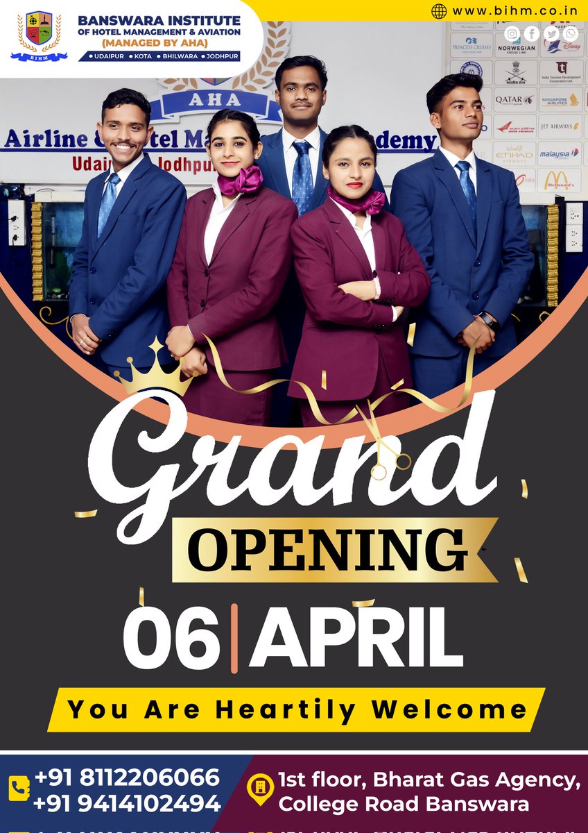 AHAINDIA1's tweet photo. Grand Opening of India's Leading Hotel Management And Aviation Institute.
Come visit us on 06/04/2022 at 1st floor, Bharat Gas Agency, College Road, Banswara.

For more information
📞918112206066, 919414102494
Visit us at
https://t.co/Uo9nK1Du6M

#opening #bihm #india #banswara https://t.co/OYdhZ6vpUS