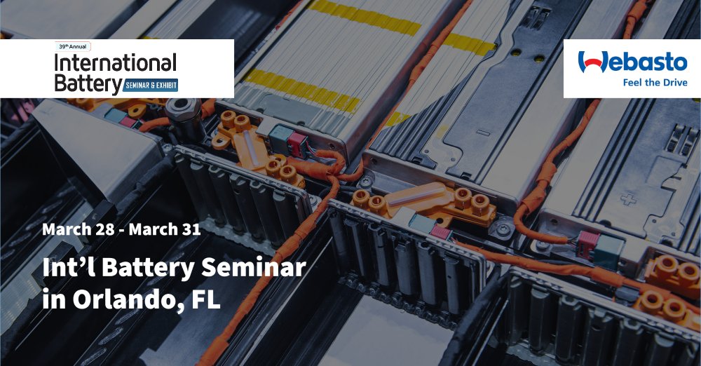 WebastoEVTestUS's tweet photo. Join us next week at Int'l Battery Seminar in Orlando, FL from March 28th - 31st! Visit us at booth #102 to learn more about our Power Cycling &amp; Test Systems used for a wide range of testing and charging, and development activities associated with advanced batteries, and more! https://t.co/k6Iu3QFZxE