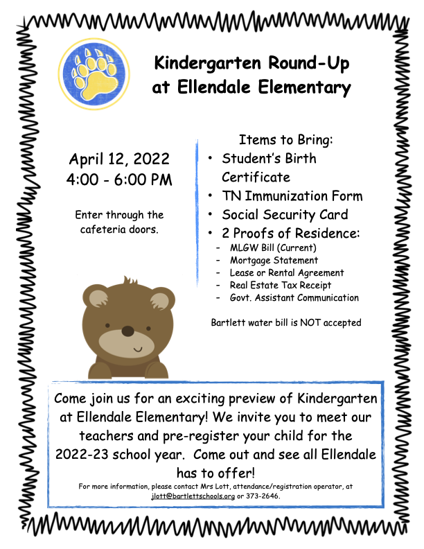 EllendaleSchool's tweet photo. Do you know a child that will be coming to Ellendale for kindergarten next year? We are hosting a Kindergarten Round-Up to give families an opportunity to meet our wonderful teachers and pre-register for the school year! Check out more information in the flyer below. 💛💙🐻 https://t.co/NZuJQ5ZE4Z
