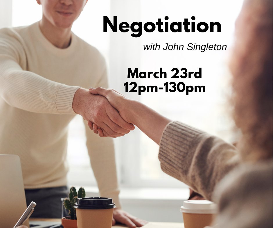 Comm_FuturesAC's tweet image. How well do you negotiate? Join John Singleton to explore the need, benefits and results of negotiating. Discover the &apos;Do&apos;s and Don&apos;ts&apos; of negotiating and much more! 
Register here: takingcareofbusiness.biz
#CFisTakingCareOfBusiness #CommunityFuturesBC