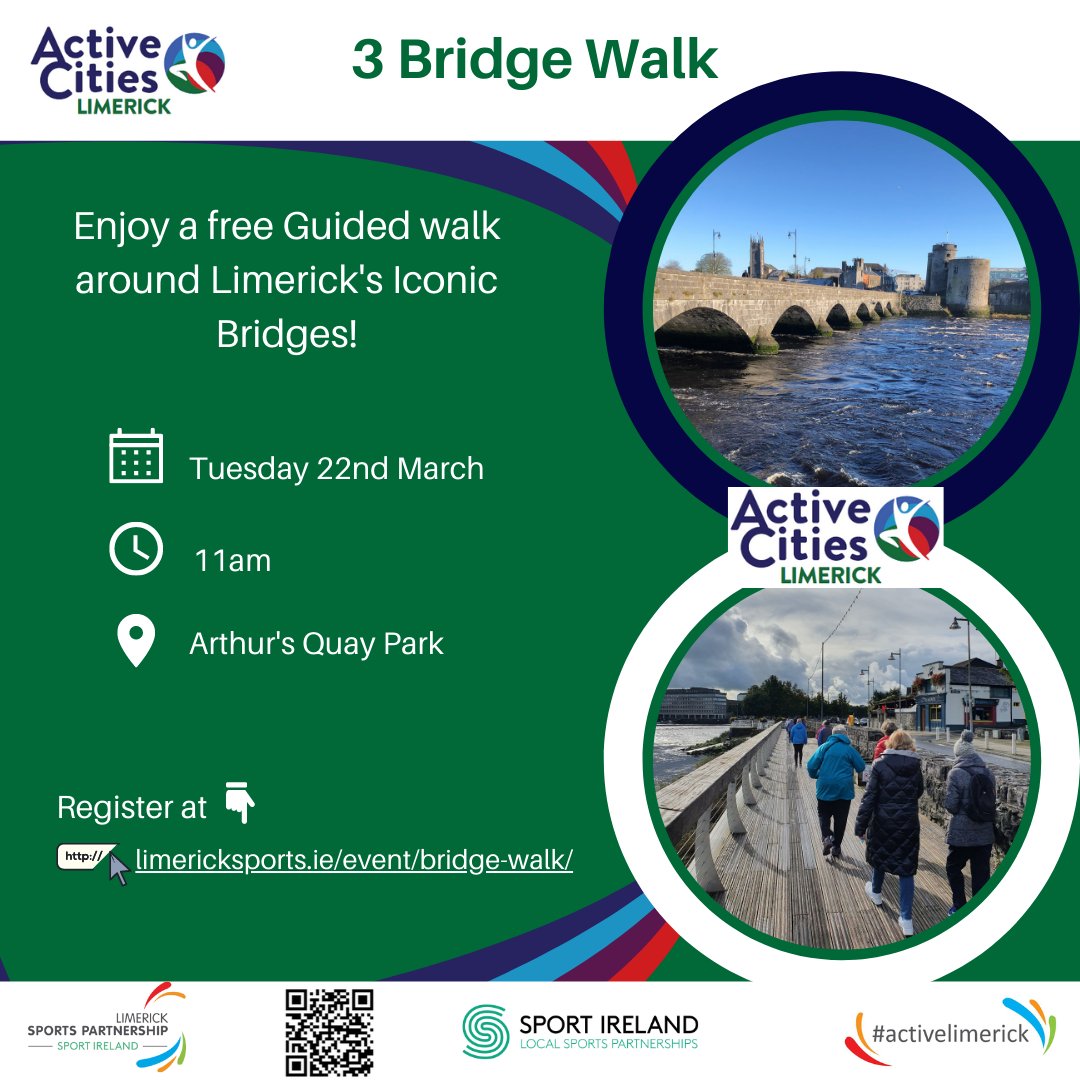 Limericksports's tweet photo. 👣 Guided 3 Bridge Walk 👣

ℹ️ Join us on a free guided walk around Limerick's Iconic Bridges as part of our Active Cities Programme

📆 Tues March 22nd
⏰ 11am
📍 Arthurs Quay Park

Register 👇
https://t.co/2Ytmi71BI1

@Limerick_ie @Limerick_Leader 
#ActiveLimerick #ActiveCities https://t.co/JRNLhtC0OT