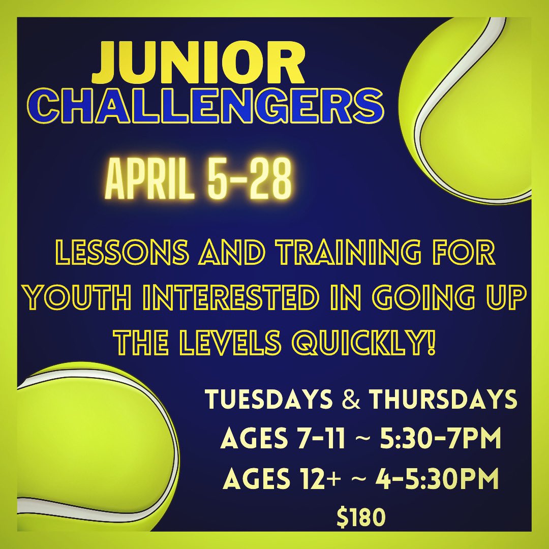 TennisPEI's tweet photo. Our new Junior Challengers program begins April 5th!

Space is limited so register ASAP!

Lessons are located at The Spa Total Fitness Centre.

Ages 7-11 https://t.co/o3JzpjTbrO

Ages 12+ https://t.co/8WVEPqloya https://t.co/VCmOVzgWax